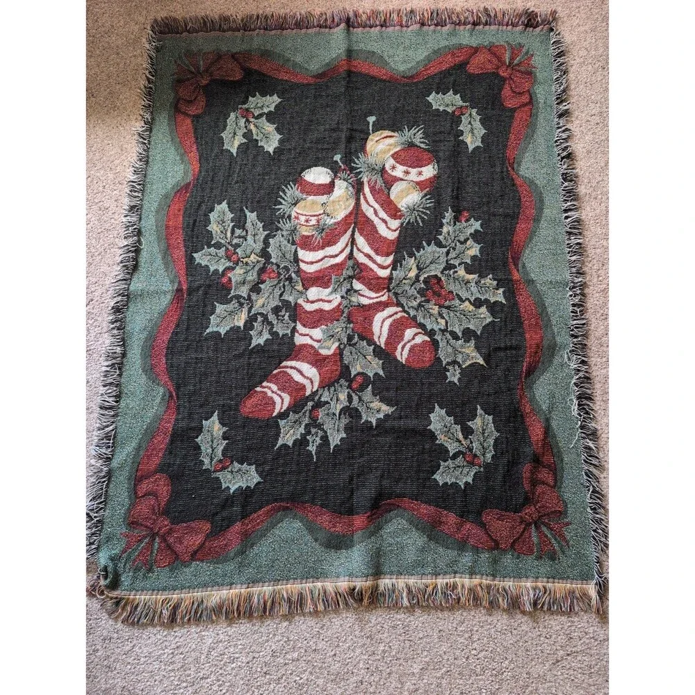VTG 2002 Martha Stewart Holiday Christmas Stocking Tapestry Throw Blanket 50x60